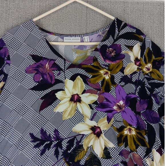 Susan Graver Liquid Knit Blouse Womens L Purple/Black Floral Boho Chiffon Ruffle - Picture 5 of 15